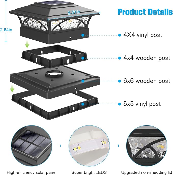 JOFIOS Post Cap Lights Outdoor 12pack, Black Deck Fence Post Lights Solar Powered with 16LEDS 2 Lighting Modes, 4x4/5x5/6x6 Waterproof Fence Post Solar Lights for Garden Patio Porch Backyard