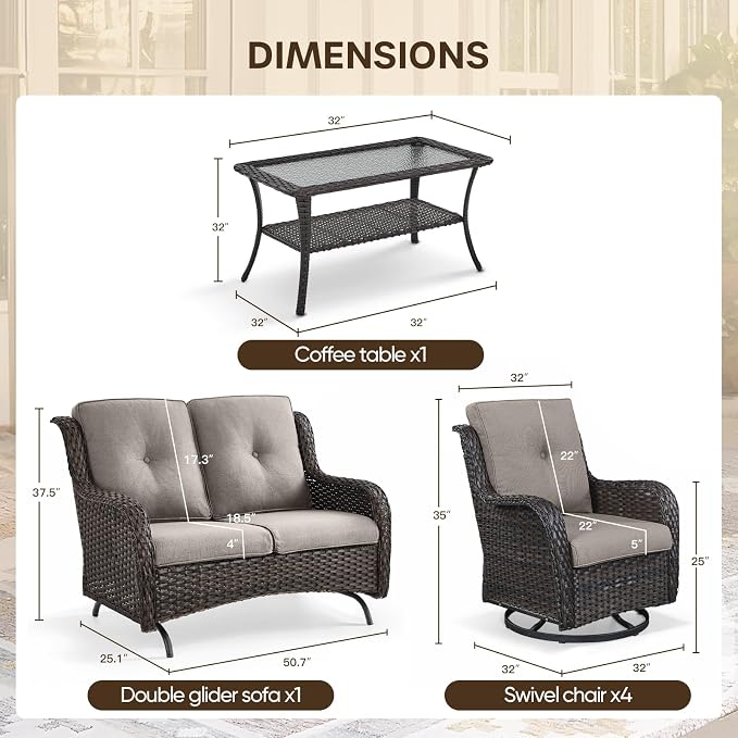 Patio Loveseat Glider Set, Resin Wicker Loveseat Glider with 2 Swivel Patio Chiars and Coffee Table, 4 Piece Patio Bistro Set Furniture Set Loveseat Set, Brown Wicker|Grey Cushions