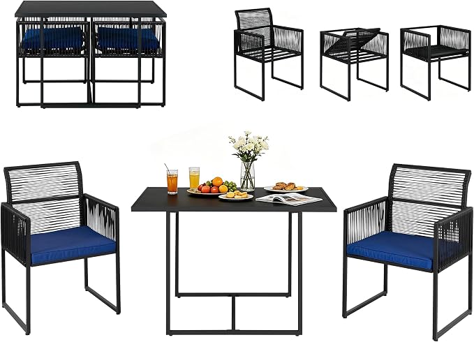 3PC Wicker Patio Dining Bistro Set for 2, All Weather Outdoor Use | Foldable Backrest, Cozy Cushions & Glass Tabletop, Space-Saving, Small Patio Set for Backyard, Balcony, Poolside, Black