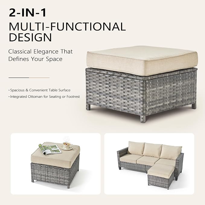 CAODOC 7-Piece Outdoor Wicker Patio Set with 7 Seats, Including 53" Fire Pit - Swivel Rocker Chairs and Conversation Set for Backyard or Lawn, Gray Rattan with Waterproof Beige Cushions