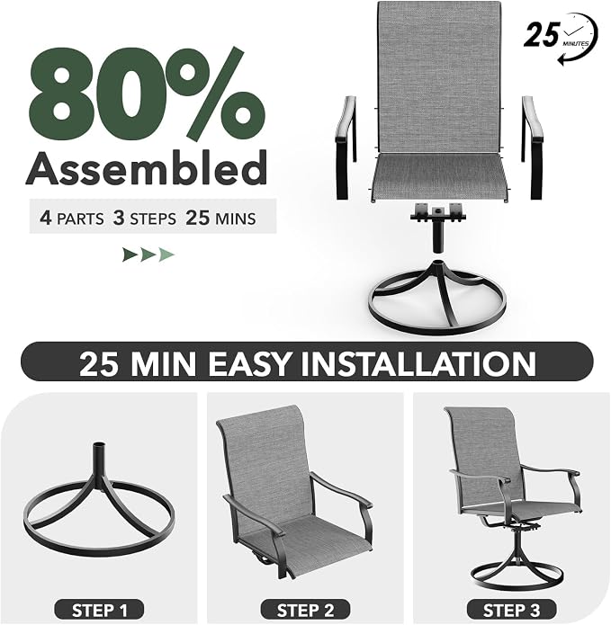 Anmutig 3 Piece Outdoor Patio Bistro Dining Set with 2 Swivel Dining Chairs & 1 Square Metal Dining Table, All Weather Dining Furniture Set for Lawn Garden Grey