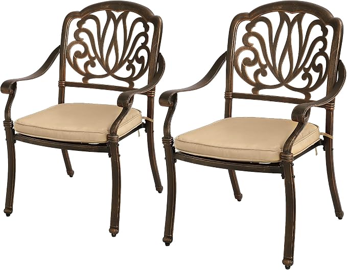 Grepatio 2 Piece Outdoor Cast Aluminum Dining Chairs, Patio Bistro Chair Set of 2, Modern Patterned Back Metal Chairs with Cushion, Antique Bronze (Khaki)