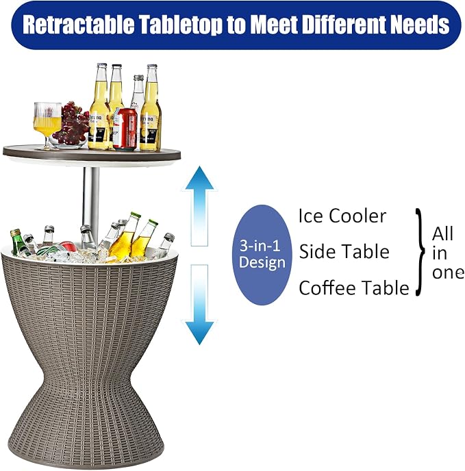 S AFSTAR Cool Bar Table, 8 Gallon Rattan Patio Bar Cooler with Ice Bucket & Height Adjustable Tabletop, Beer & Wine Cooler, Outdoor Indoor Cocktail Coffee Table for Patio Party Pool Deck (Brown)