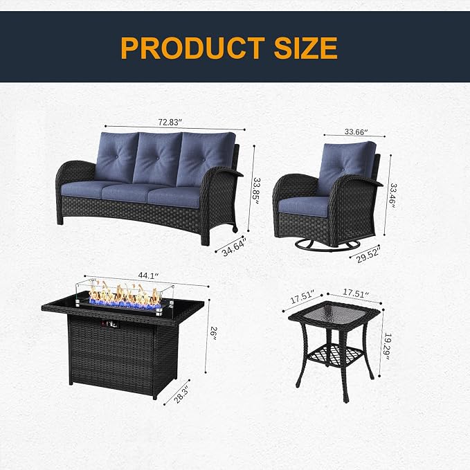 7 Pieces Outdoor Wicker Patio Swivel Rocking Chairs, All Weather Wicker Conversation Set with 44" Fire Pit Table