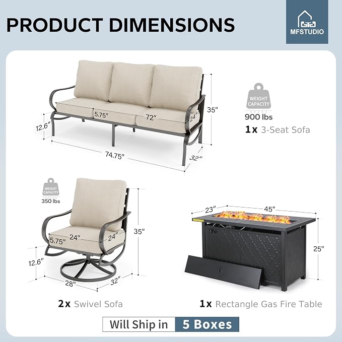 MFSTUDIO 4 Pieces Patio Conversation Sets, All Weather Metal Frame Outdoor Furniture Set Patio Sofas with 1 x 45 Rectangular Propane Fire Pit Table, 1 x 3-Seat Sofa, 2 x Swivel Chairs, Beige Cushion