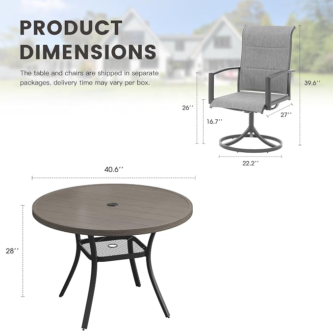 Outdoor Dining Set for 4, 40.6" Outdoor Dining Table with Umbrella Hole and Padded Textilene Patio Swivel Chairs, 5 Pieces Patio Table and Chairs Set for Garden Backyard, Grey