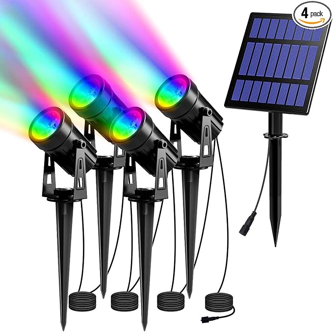 T-SUN Color Changing Solar Spotlights Outdoor, 4-in-1 Solar Landscape Spotlights, IP65 Waterproof RGB Spot Lights for Tree, Garden, Yard, Driveway, Pool Area(RGB)
