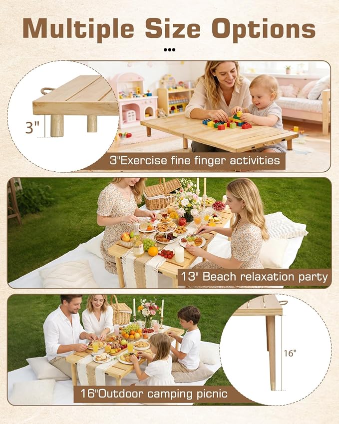 48" X 24" Boho Low Picnic Table, Portable Wooden Picnic Table with 3 Adjustable Heights, Natural Pine Wood Floor Table for Camping, Weddings, Beach & Family Gatherings, Seating for 2-4 People
