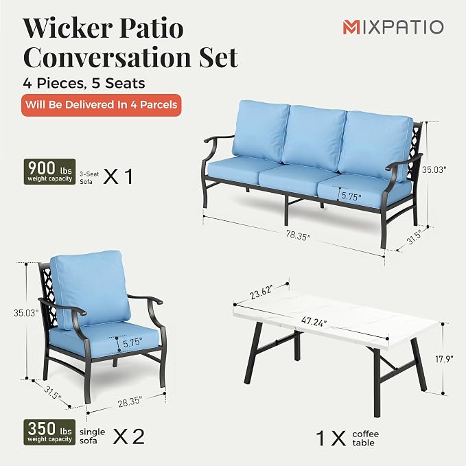 MIXPATIO Patio Furniture Set 4 pcs, Metal Outdoor Patio Furniture, 3-Seat Sofa, 2 Single Chairs, Metal Coffee Table and 5.75" Extra Thick Cushion, Patio Conversation Set for Garden Backyard Deck,Blue