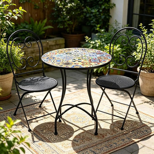 3 Piece Bistro Sets Mosaic Tile Round Table Folding Chairs Garden | Set of 3 Patio Furniture 23.6" Table and 2 Chairs Outdoor Bistro Chairs Artistic Table for Balcony Porch Apartment Backyard