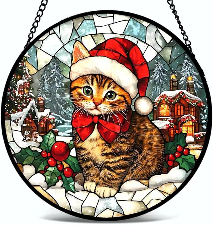 Stained Glass Window Hanging - 6.3 Inches Cat and Snowy Day Christmas Suncatcher for Garden Home Decor for Women Mon Grandma Friends