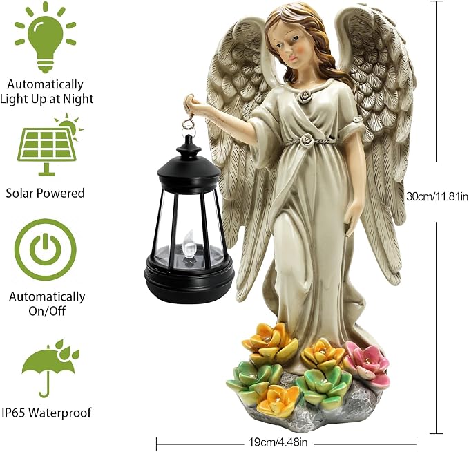 Solar Garden Statue Angel Figurine - 11.8 Inch Fairy Angel Solar Lights Outdoor with Hanging Lantern for Balcony Patio Yard Ornament, Cemetery Grave Decoration, Gifts for Women Mom, Memorial Gifts