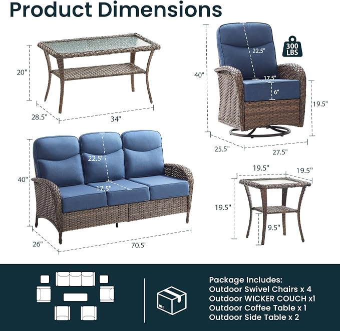 High Back Luxury Patio Furniture Set with 6-inch Thick Cushion, Swivel Rocker Patio Chairs Set of 4 with Outdoor Couch, 8 Piece Wicker Conversation Set for Deck Yard Garden Balcony Blue