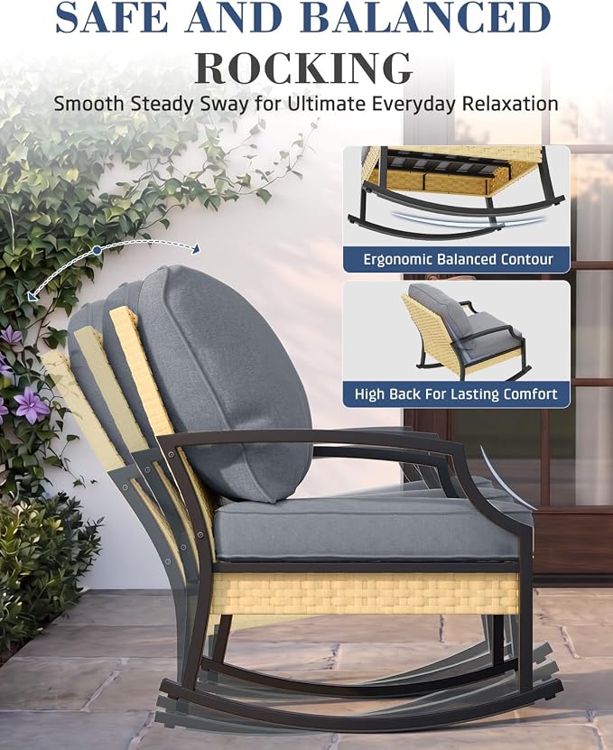 AECOJOY Patio Furniture Set, 4 Piece Rattan Conversation Set, Dark Gray | 3mm Rust-Resistant Steel, 5-Inch Cushions, 2 Rocking Chairs and Coffee Table for Porch, Garden, Lawn and Backyard