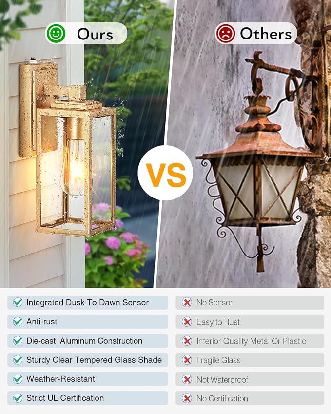 VIANIS Dusk to Dawn Outdoor Wall Lanterns, 2 Pack Golden Exterior Lighting Fixtures Wall Mount Sconces with Photocell Sensor, Waterproof Gold Porch Light Outside Garage Sconces Lamps for House Patio