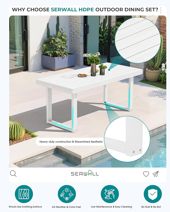 SERWALL HDPE Outdoor Dining Set for 6, 67'' Patio Table and Chairs Set | with Armless Seat
