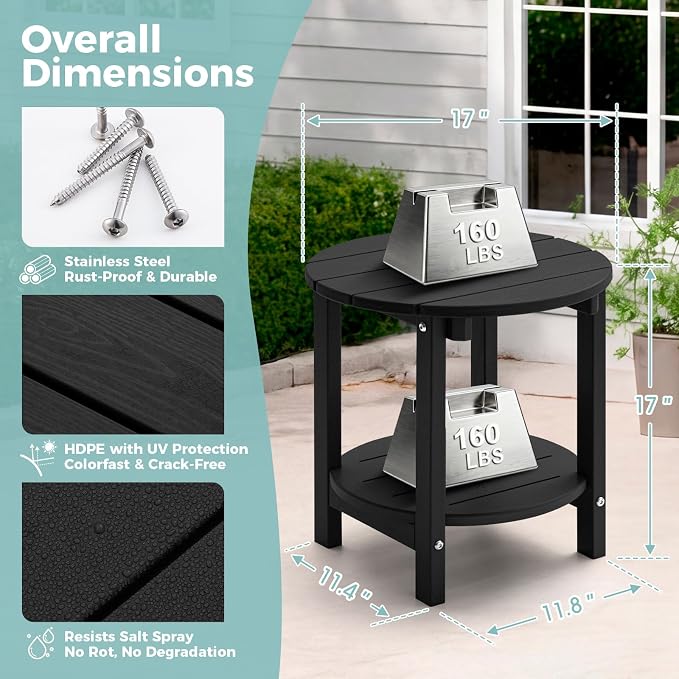 Outdoor Side Table, Adirondack Round 2-Tier Patio Table, Easy Maintenance & Weather Resistant, HDPE End Table for Backyard, Pool, Patio, Porch, Black