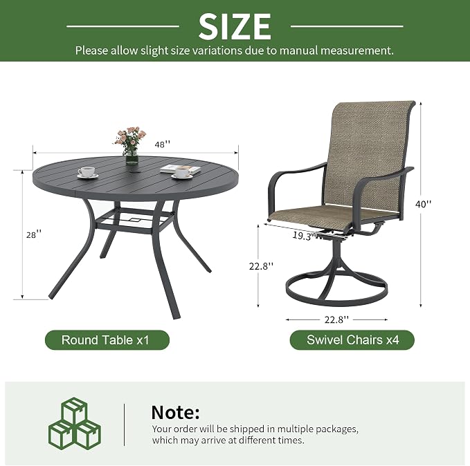 Anmutig 5 Pieces Outdoor Patio Dining Set, 48" Round Outdoor Dining Table with Umbrella Hole & 4 Swivel Textilene Dining Chairs for Backyard Bistro Outdoor Furniture Set Tan Grey