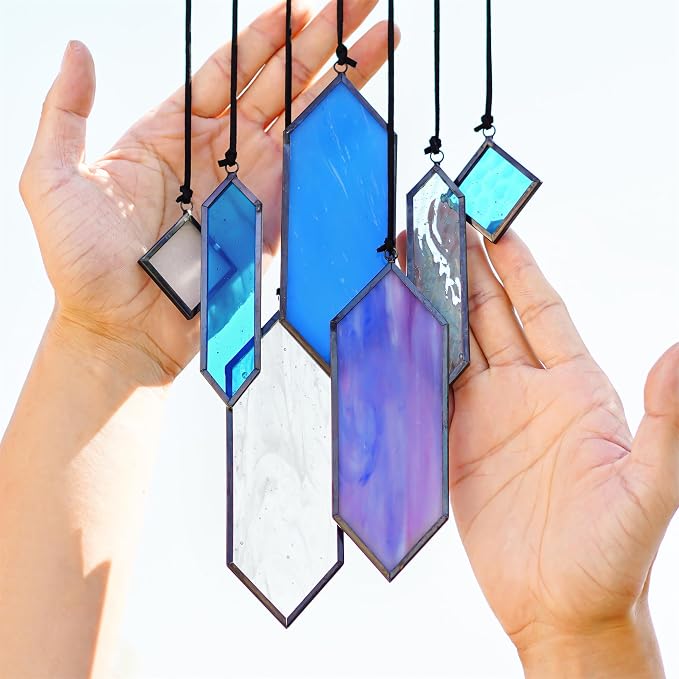 7pcs Stained Glass Window Hanging Suncatchers Modern Blue Wall Art Ornament | Blue Dreams,Sun Catchers Indoor Window,Home Garden Decor,Element Earth Tones Panel Set,Gift For Women,With String & Hook