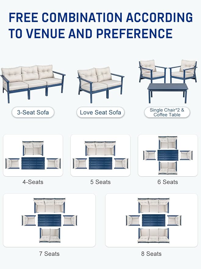 HDPE Patio Conversation Set 6 Seats, Outdoor Furniture Set, Patio Sofa Set | Water-Resistant Thick Cushion, HDPE All Weather, Wood-Grain, No Rot or Rust or Crack, UV Fade Shield, Easy-Clean for Outside