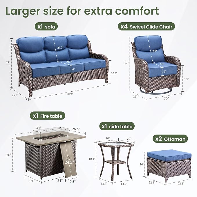 Luxury Patio Furniture Set with 6-inch Thick Cushion, Outdoor Furniture with Fire Pit Table, Swivel Chairs, Sofa, Side Table, Ottomans, 9pcs Wicker Conversation Set(Brown Wicker/Blue Cushion)