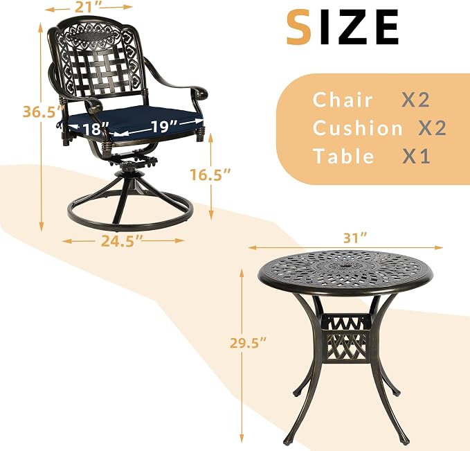3-Piece Outdoor Patio Dining Set, All-Weather Cast Aluminum Patio Furniture Set for Backyard Garden Deck with 2 Swivel Cushioned Chairs and 31” Round Table, 2" Umbrella Hole, Navy Blue