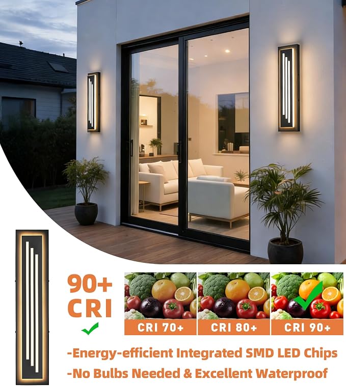 23.6'' Outdoor Wall Lights Modern Black LED Outdoor Wall Sconce, Large Long Exterior Lighting Fixtures, 3000K Waterproof Front Porch Lights Outside Lights for House, Garage, Indoor, 2 Pack