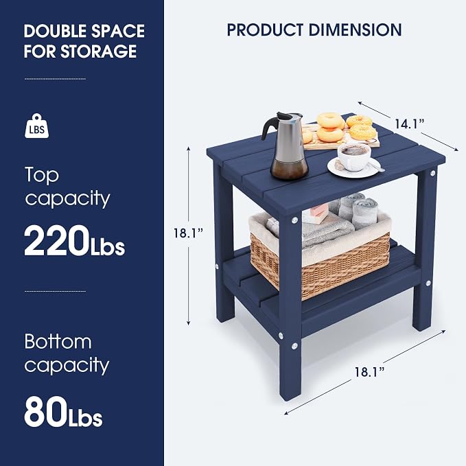 KINGYES Outdoor Side Table Set of 2, Double Layer Adirondack End Table- Navy