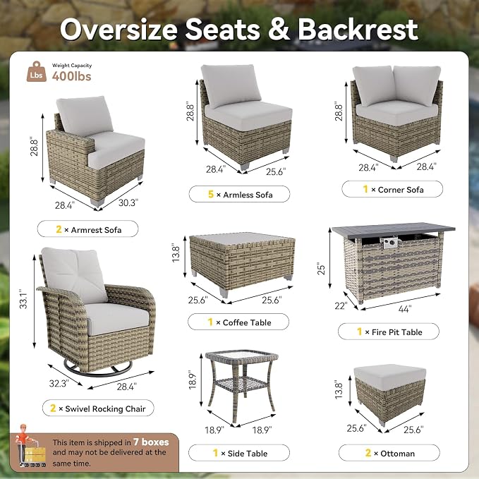 LazySunsets Luxury Patio Furniture Set with Fire Pit Table, All-Weather Patio Sectional Sofas with Thickened Cushions, 15 Piece Outdoor Furniture Set with Swivel Rocker Chairs & Ottomans, Grey
