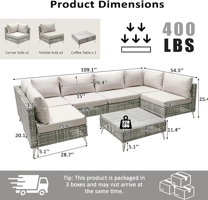YOPTO 7-Piece Wicker Patio Furniture Set with Water Resistant Thick Cushions & Coffee Table,Outdoor Conversation Set Sectional Sofa W/Removable Cushions Cover,Free Combination,for Patio,Backyard,Gray