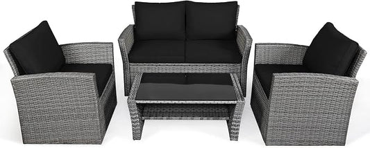 COSTWAY 4 Pieces Patio Rattan Furniture Set, Outdoor Wicker Sofa Set with Tempered Glass Coffee Table, Cushions, All Weather Rattan Conversation Set for Yard Balcony Backyard Pool (Black)