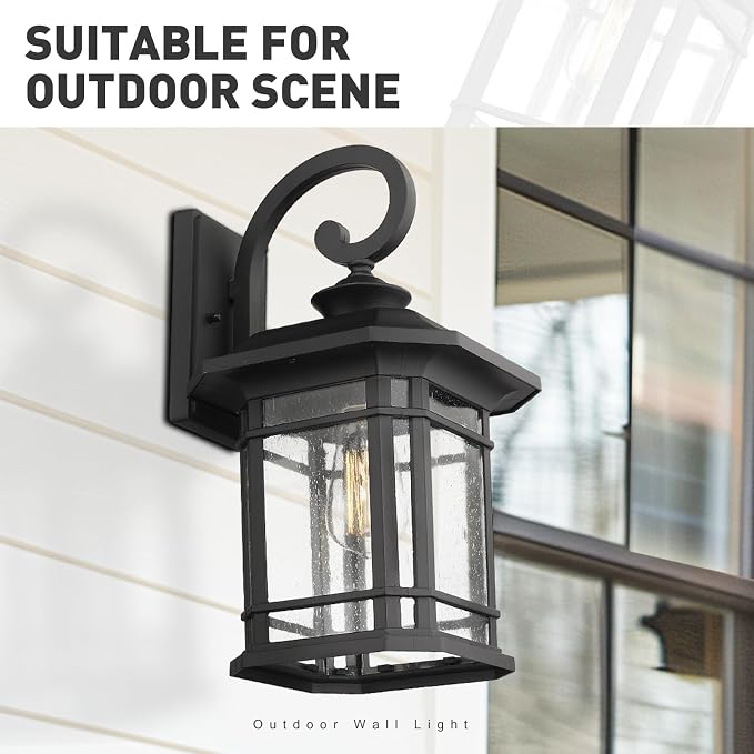 Emliviar Outdoor Wall Lights for House, 1-Light Exterior Wall Sconce Black Finish with Clear Seeded Glass, 17" Height, 22021M