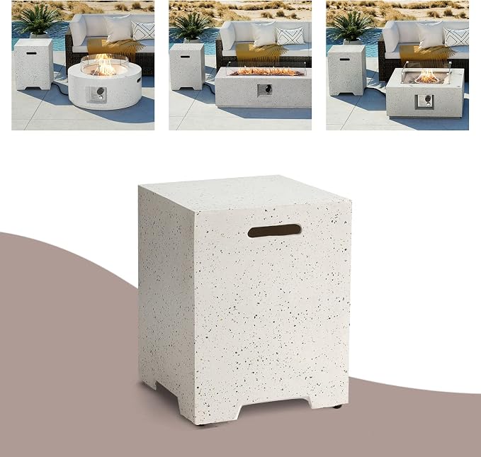 COSIEST Outdoor Hideaway Tank Table for Gas Fire Pits, Hides Standard 20lb 16-inch Propane Tank Cover w Side Handles (Terrazzo)