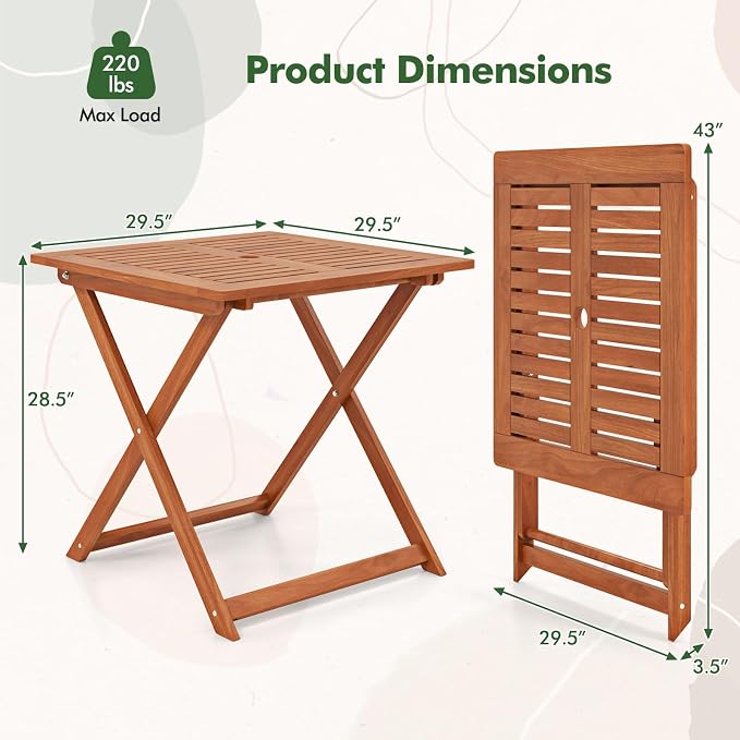 Byroce Outdoor Patio Table, 29.5” x 29.5” Folding Bistro Table with Slatted Tabletop & 2” Umbrella Hole, Solid Wood Outdoor Dining Table, Portable for Backyard, Poolside & Balcony (2, Square)