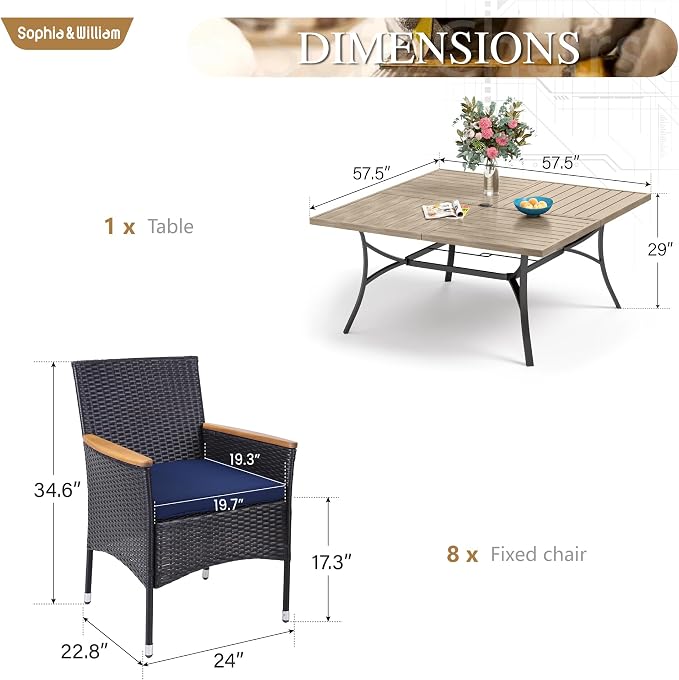 Sophia & William 9pc Square Patio Dining Set for 8, Rattan Chairs | Patio Table Set for 8, Teak Color Metal Table with Umbrella Hole, Wicker Chairs, Rust-Resistant Frame