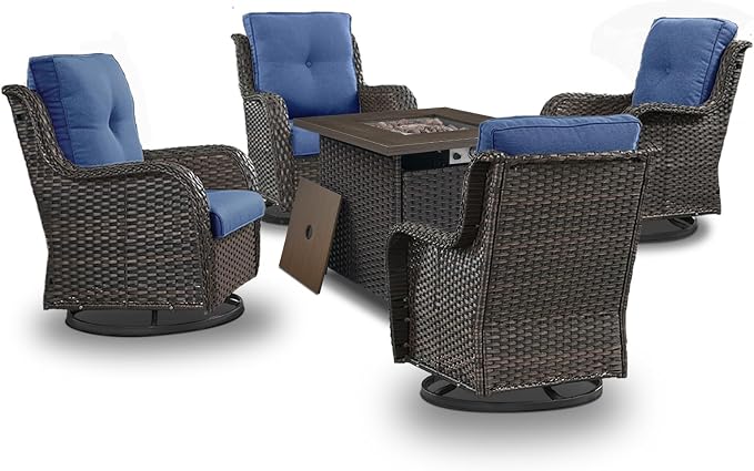 Wicker Patio Furniture Set- 4 Pieces Outdoor Swivel Rocker Chairs with 50,000 BTU Fire Pit Table,PE Rattan Outdoor Conversation Set for Garden Porch Deck
