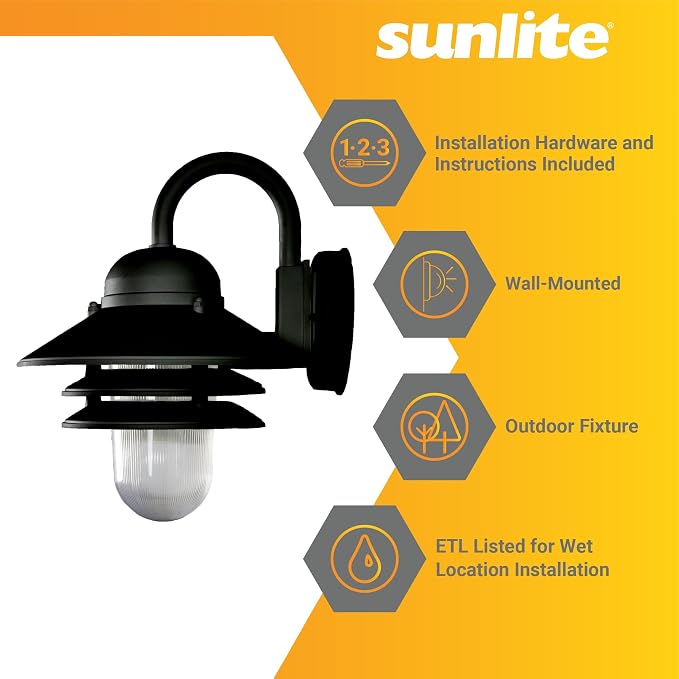 Sunlite 41370-SU Nautical Style Outdoor Wall Fixture, Medium Base Socket (E26), Weatherproof Polycarbonate, Prismatic Acrylic Lens, UL Listed, Black