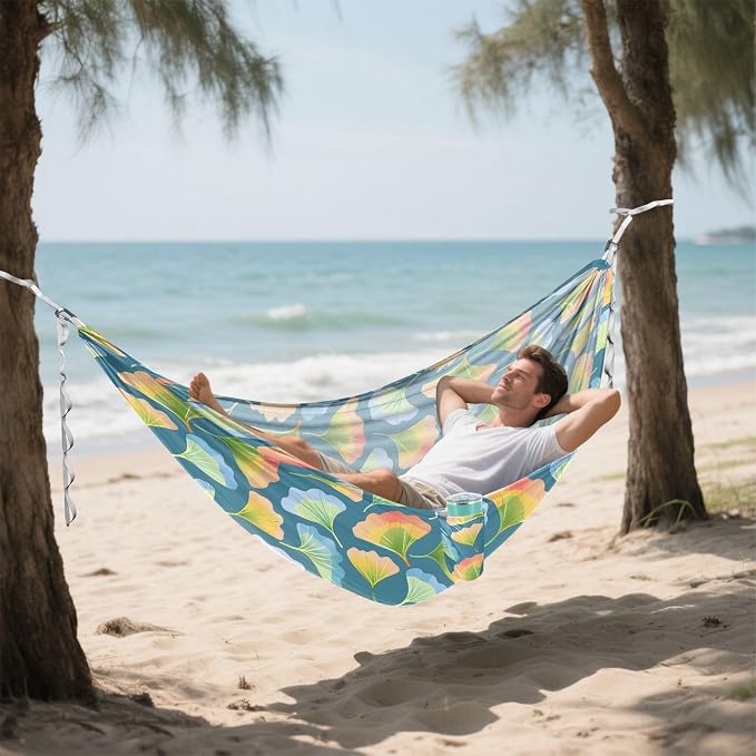 Camping Hammock Outdoor Hammocks for Outside Ginkgo Biloba Leaves Beach Trees Portable Lightweight with Pockets Tree Straps Indoor Small