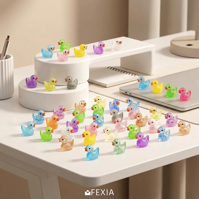 FEXIA 100pcs Mini Ducks Glitter Resin Tiny Ducks Animals Figures to Hide Glow in the Dark Duck Figures for Dollhouse Aquarium Fairy Garden Decor