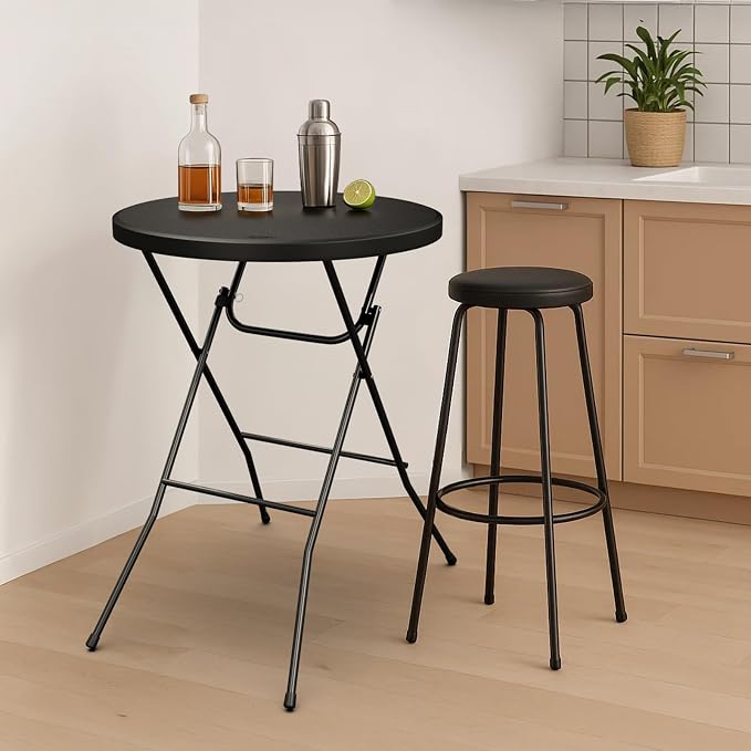 Bonnlo 32" Cocktail Table High Top Table, Folding Round Table Bar Height, HDPE Matrial with Gray Metal Finish for Outdoor Party, Backyard, Dining Room, Wedding Event,Black- 6PCS