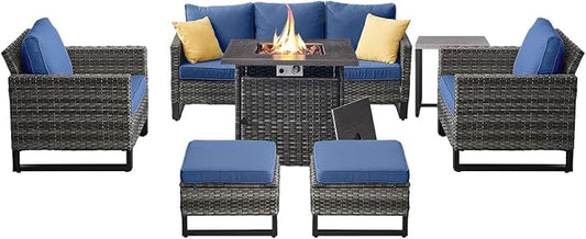 Belord 7 Pieces Patio Furniture Set with 50000BTU Propane Fire Pit Table: Wicker Patio Conversation Set with Outdoor Club Chairs Patio Couch Metal Side Table, All Weather Brown Rattan