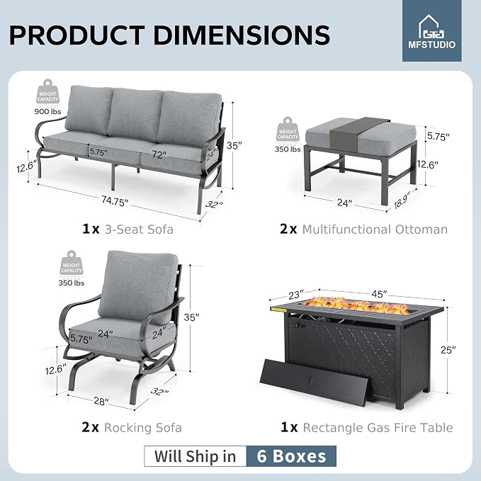 MFSTUDIO 6 Pieces Patio Furniture Sets with 45" Gas Fire Pit Table(Up to 7 Seat), Outdoor Metal Frame Patio Conversation Sofas with 1 x 3-Seat Sofa, 2 Rocking Chairs and 2 Ottoman, Grey Cushion
