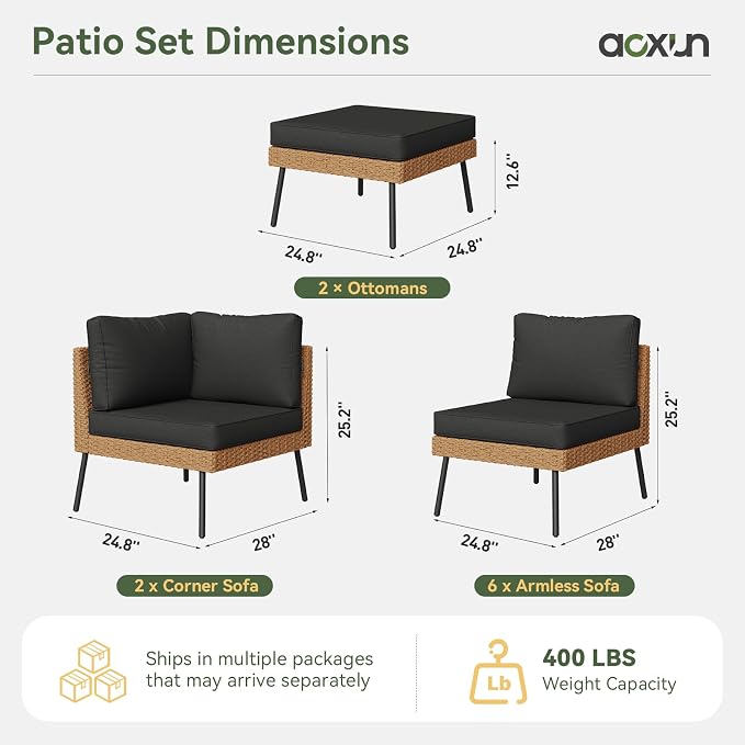 Aoxun 10 Piece Patio Furniture Set, 10 Seats Outdoor Sectional Sofas with Thick Cushion, Wicker Outdoor Patio Furniture Set with Ottomans for Party, Garden, Backyard, Black