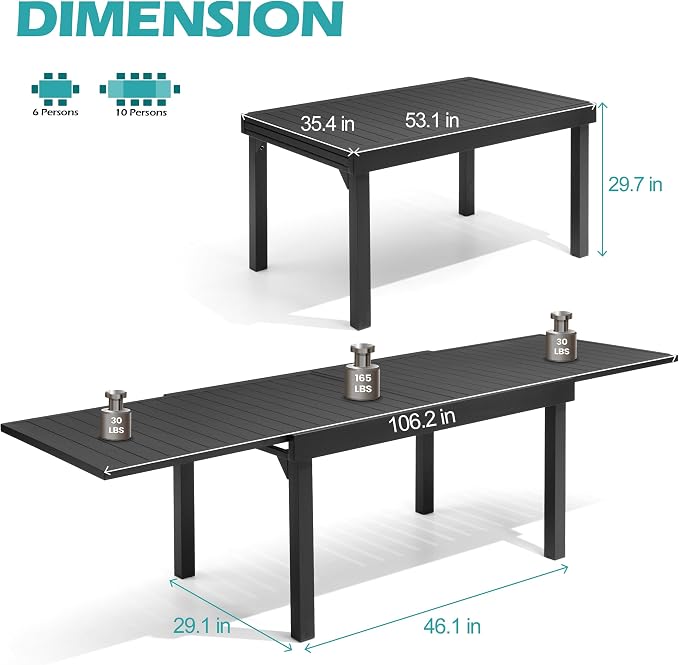 Pellebant Extendable Aluminum Patio Dining Table for 6-10, 53" to 106" (9 ft) – Weather-Resistant Outdoor Table with Sturdy Frame for Deck, Backyard & Poolside