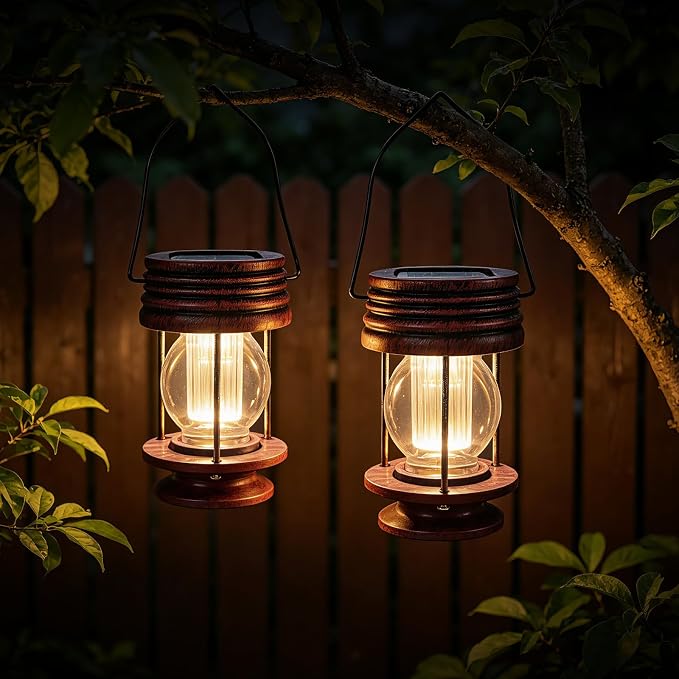 Solar Lanterns Outdoor Patio Decor, 2 Pack Hanging Solar Lights Waterproof, Retro Decorative Table Lamps with Warm Glow for Porch, Yard, Garden, Pathway & Backyard Decoration