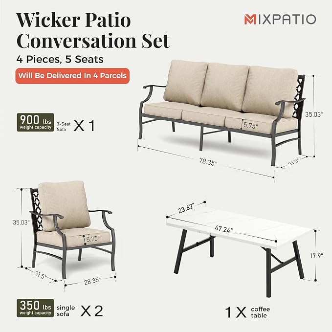 MIXPATIO Patio Furniture Set 4 pcs, Metal Outdoor Patio Furniture, 3-Seat Sofa, 2 Single Chairs, Metal Coffee Table and 5.75" Extra Thick Cushion, Patio Conversation Set,Beige