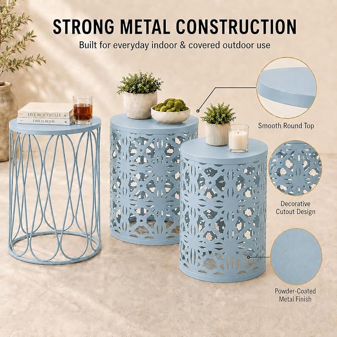 Y&M Outdoor Side Tables Set of 3, Metal Stacking Patio Side Tables for Outside, Round Indoor End Tables, Decorative Garden Stool Plant Stand for Patio Garden Balcony Porch, Light Blue