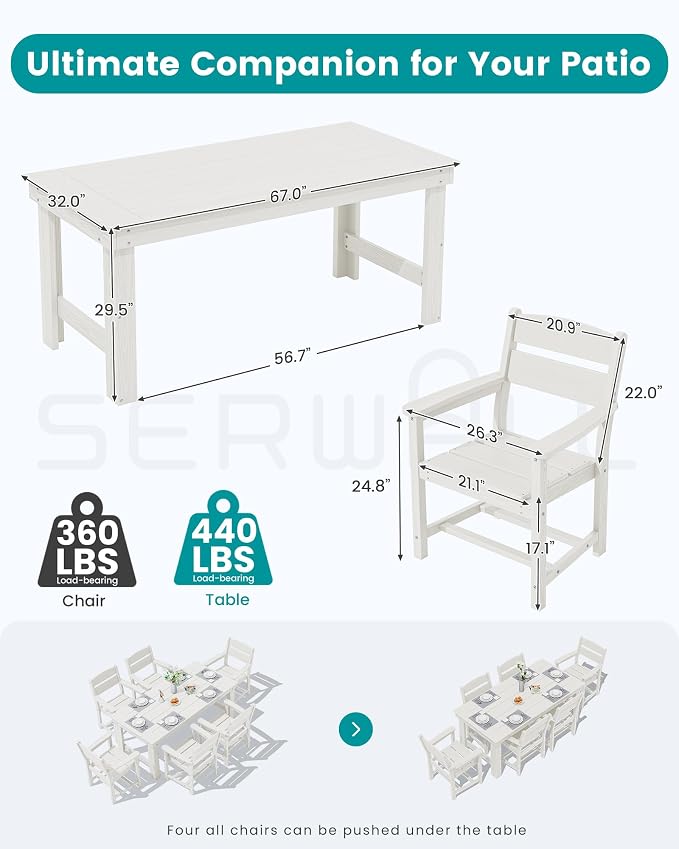 SERWALL HDPE Outdoor Dining Table and Chairs Set for 4 | with Oversized Chair Seat