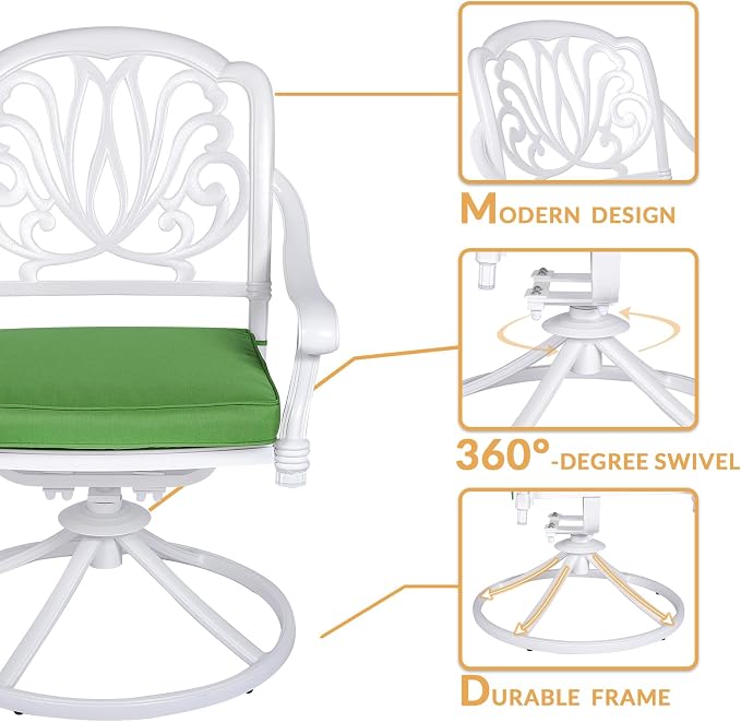 7-Piece Outdoor Patio Dining Set, 60” Rectangular Cast Aluminum Dining Table with Umbrella Hole and 6 Cushioned Swivel Rocker Chairs, Patio Funiture Set for Backyard, Patio, Garden, White