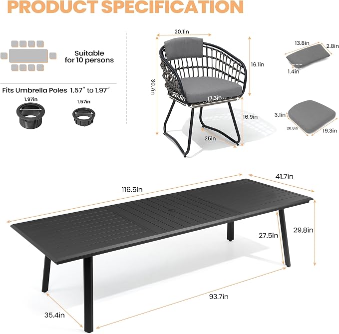 Pellebant 11-piece Outdoor Dining Set for 10 - Weather-Resistant Patio Dining Furniture, 116" Aluminum Outdoor Table with Umbrella Hole, Wicker Chairs with Cushion for Deck, Porch, Backyard, Gray